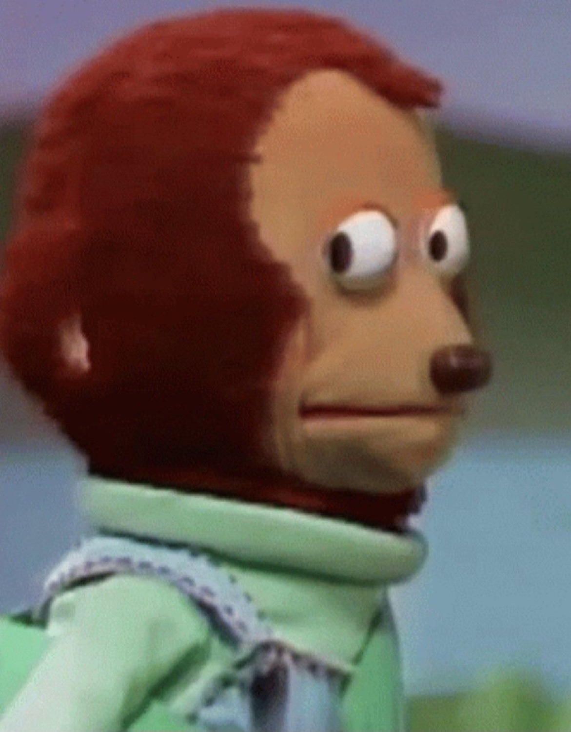Vintage puppet monkey in a green jacket giving an uncomfortable side-eye