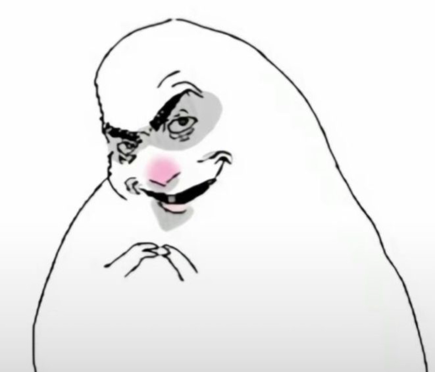 Blob doodle with a sly grin and blushing nose, fingers steepled in scheming mode