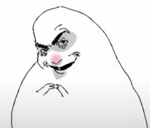 Blob doodle with a sly grin and blushing nose, fingers steepled in scheming mode