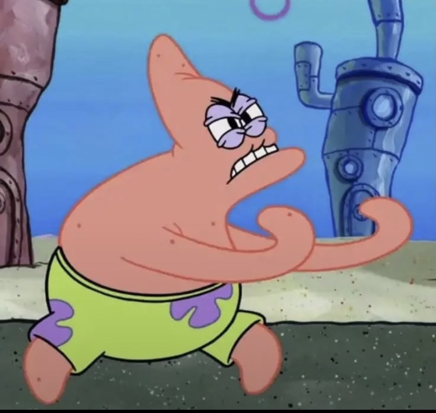 Patrick Star flexing his arms with a furious scowling face, ready to fight