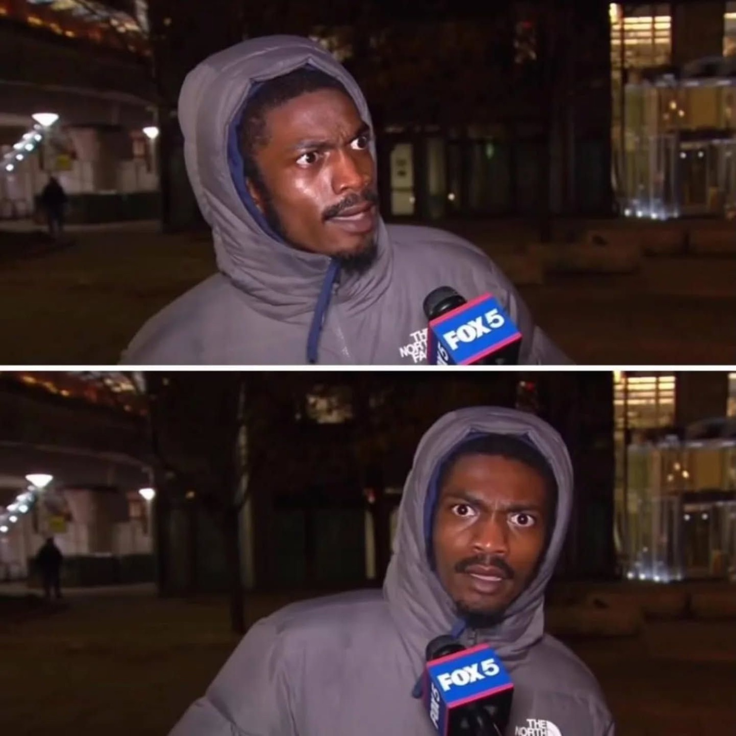 Man in a grey hoodie being interviewed by FOX 5, face scrunched in total disbelief