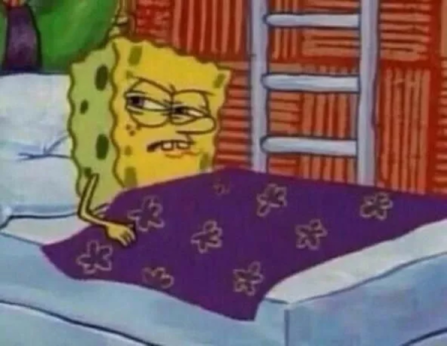 SpongeBob lying in bed looking utterly drained and over it