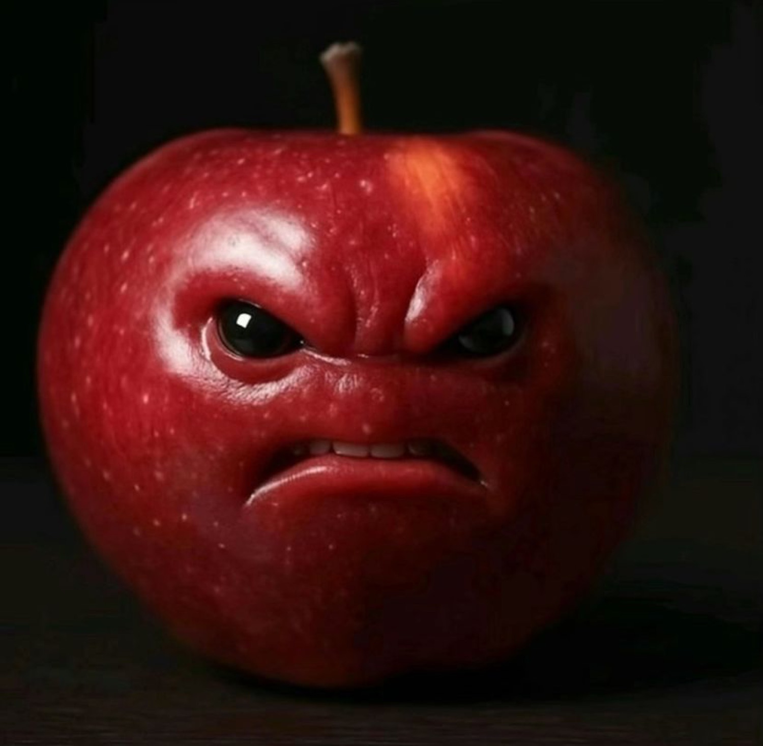 Red apple with a furious human face scowling in the dark