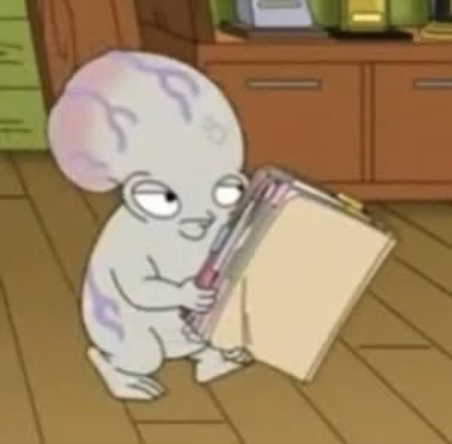 Pale cartoon creature clutching a stack of papers with a hard sideways glare