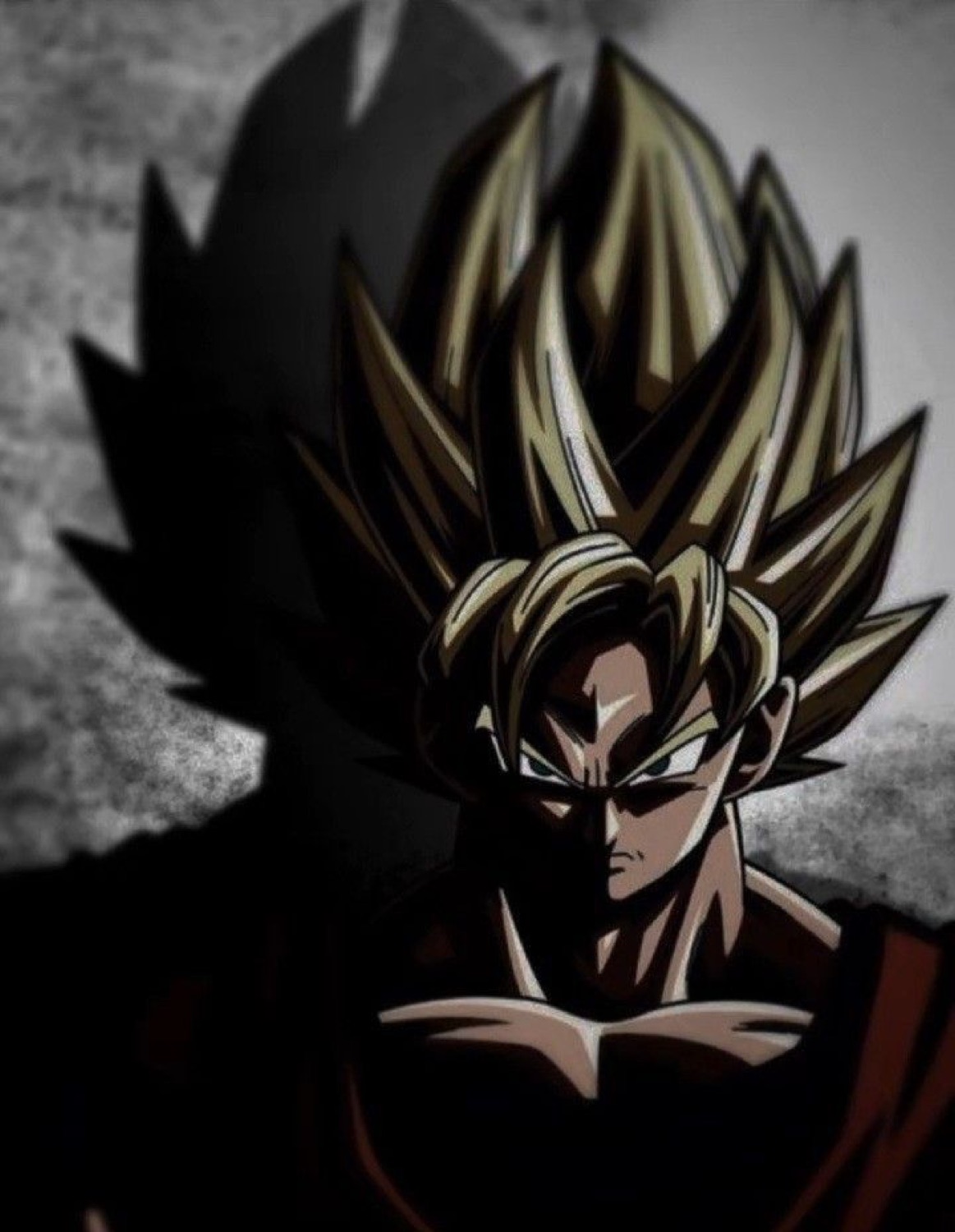 Super Saiyan Goku glaring intensely out of shadow, golden spiky hair blazing