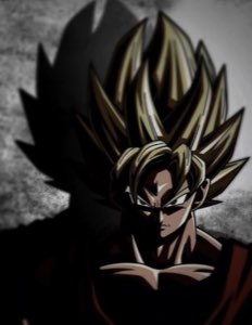 Super Saiyan Goku glaring intensely out of shadow, golden spiky hair blazing