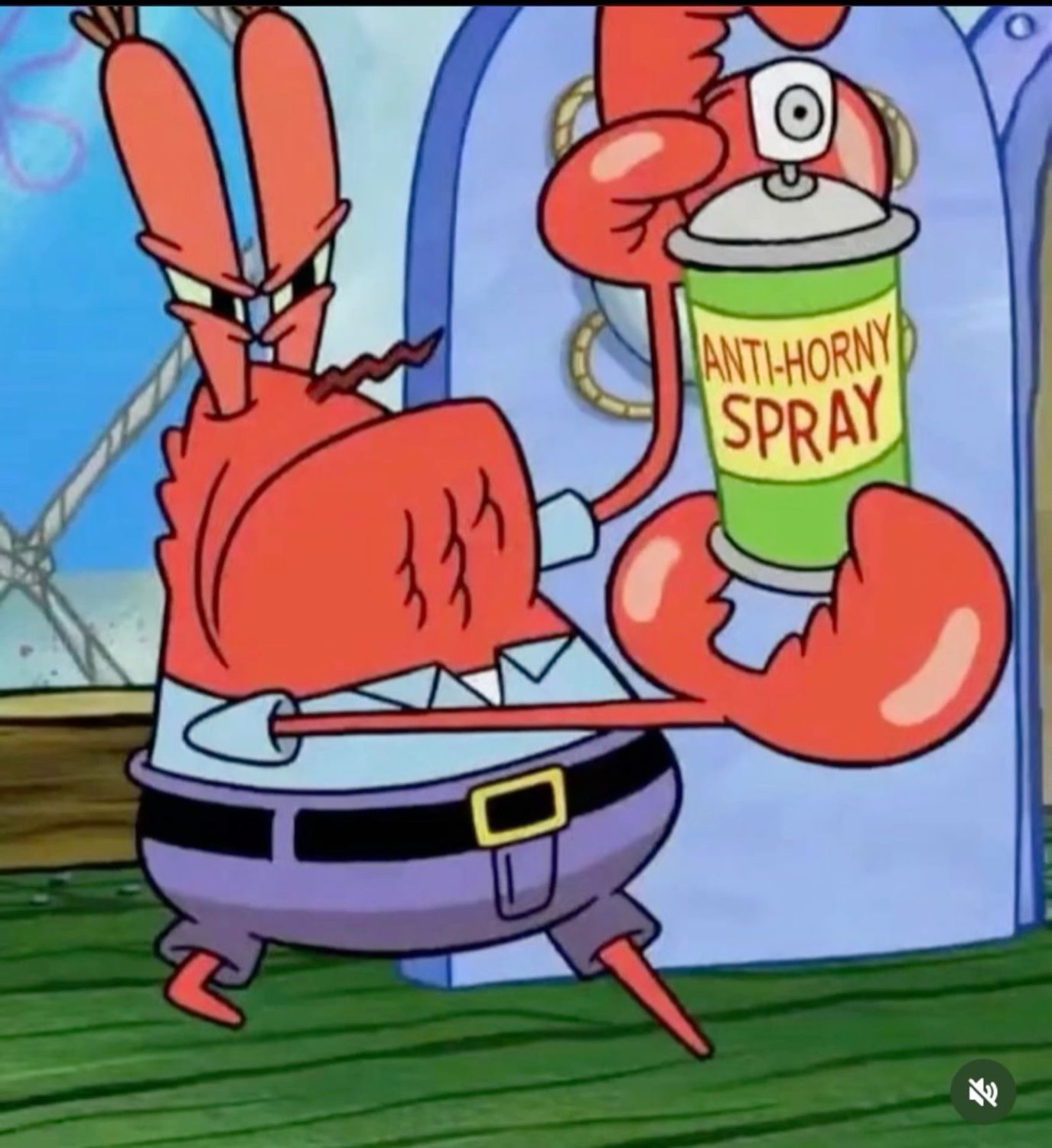 Mr. Krabs squinting angrily while brandishing a can of 'ANTI-HORNY SPRAY'