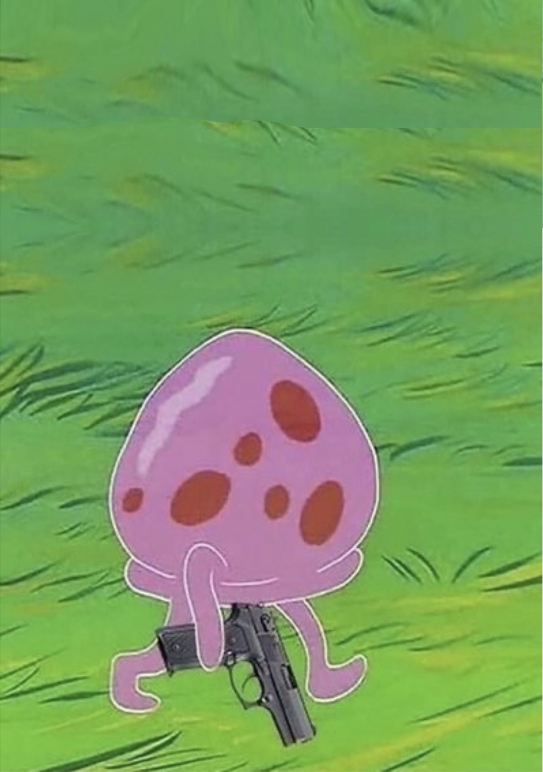 SpongeBob jellyfish holding a gun and wandering through a grassy field, unbothered
