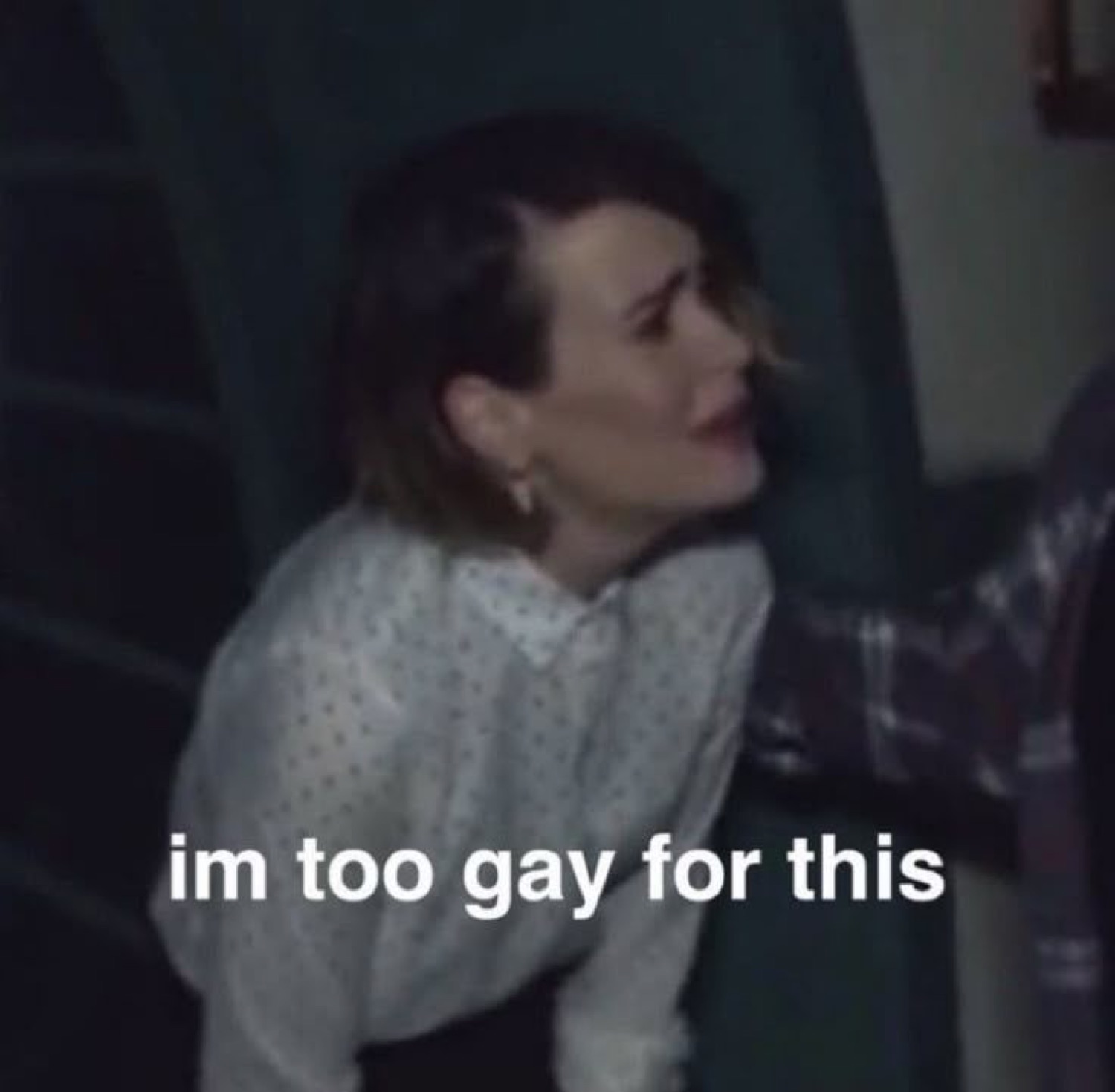 Woman arching backward dramatically with text 'im too gay for this'