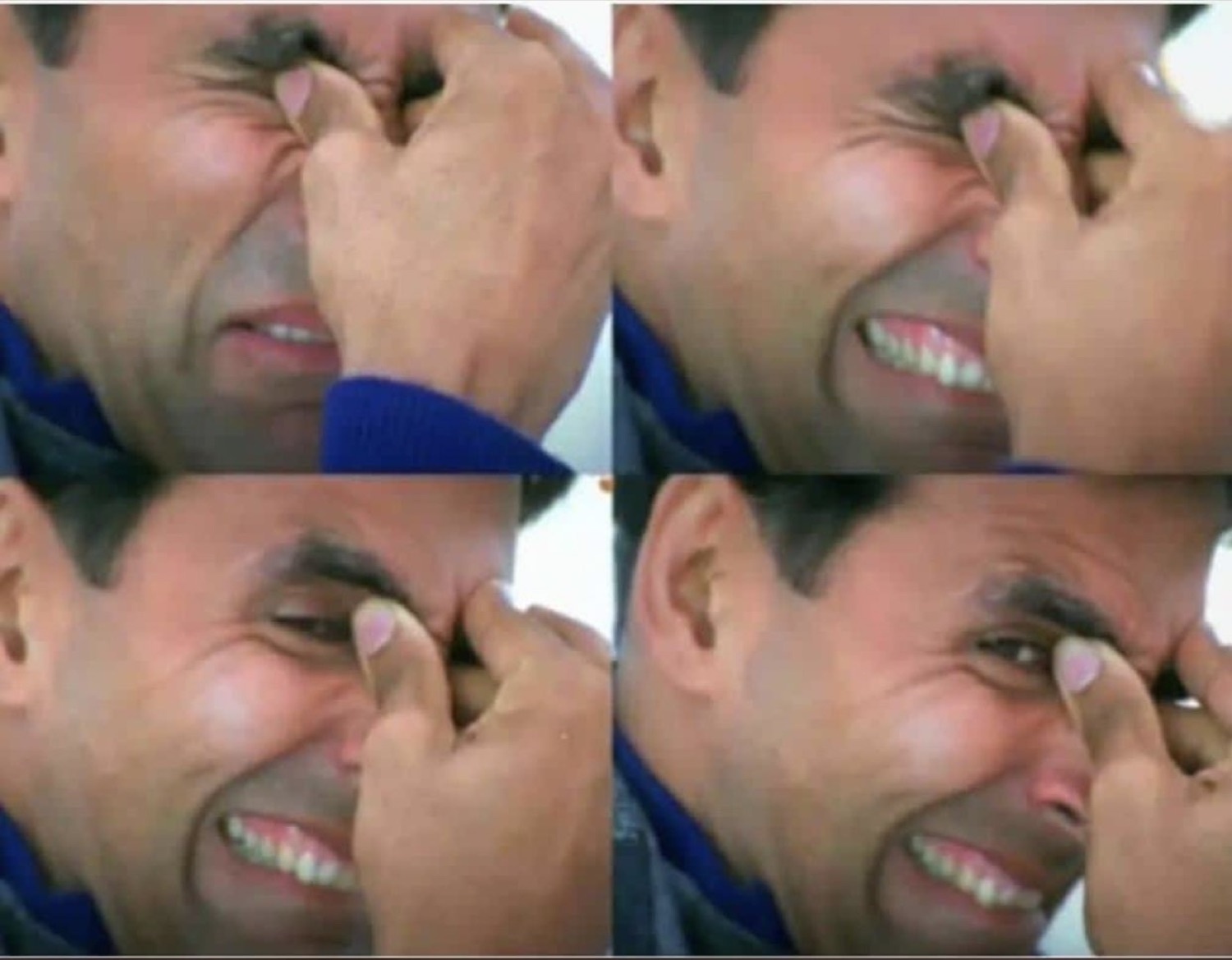 Akshay Kumar pinching his nose shut in a four-panel grimace