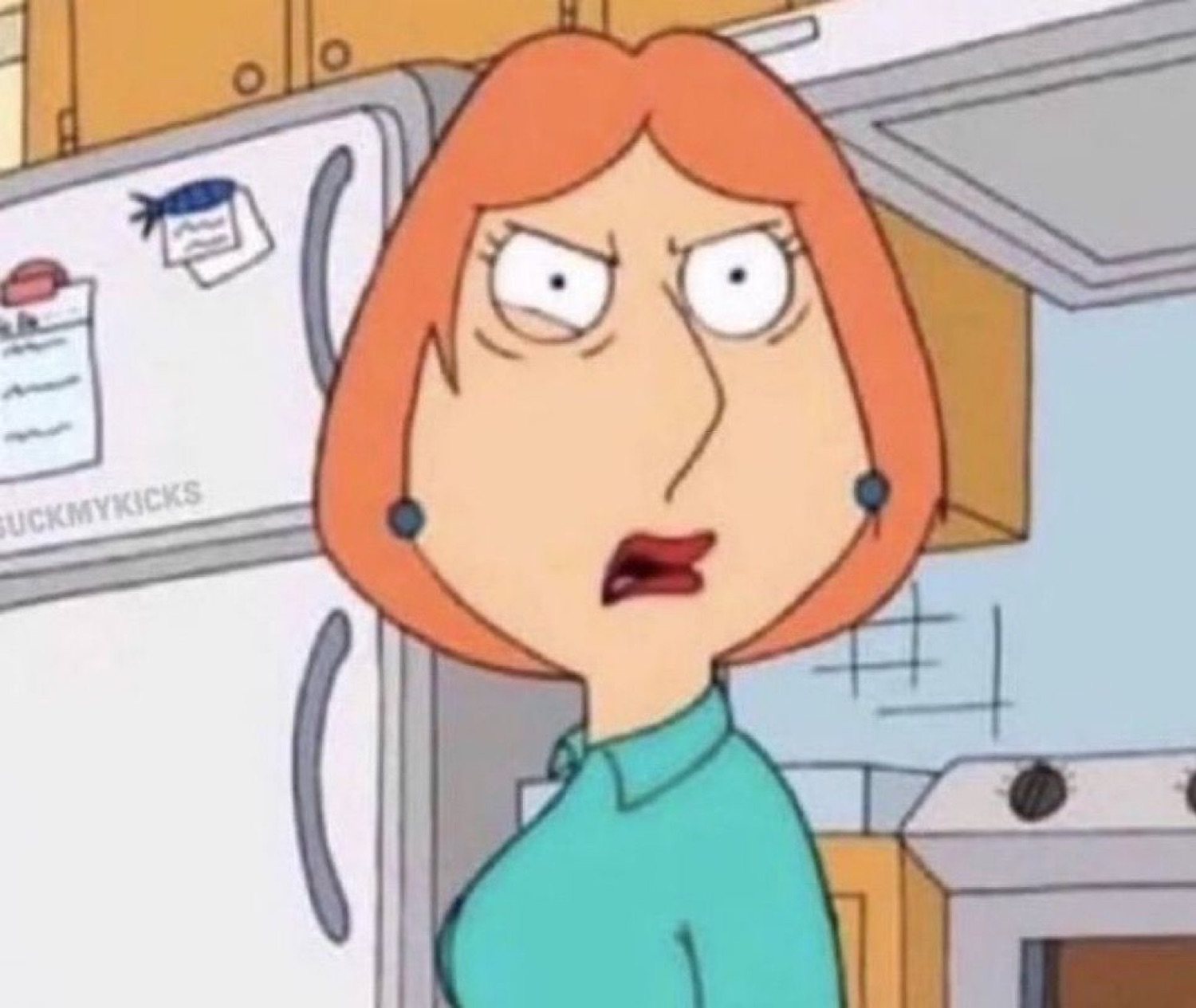 Lois Griffin in the kitchen, glaring with her mouth open in disbelief