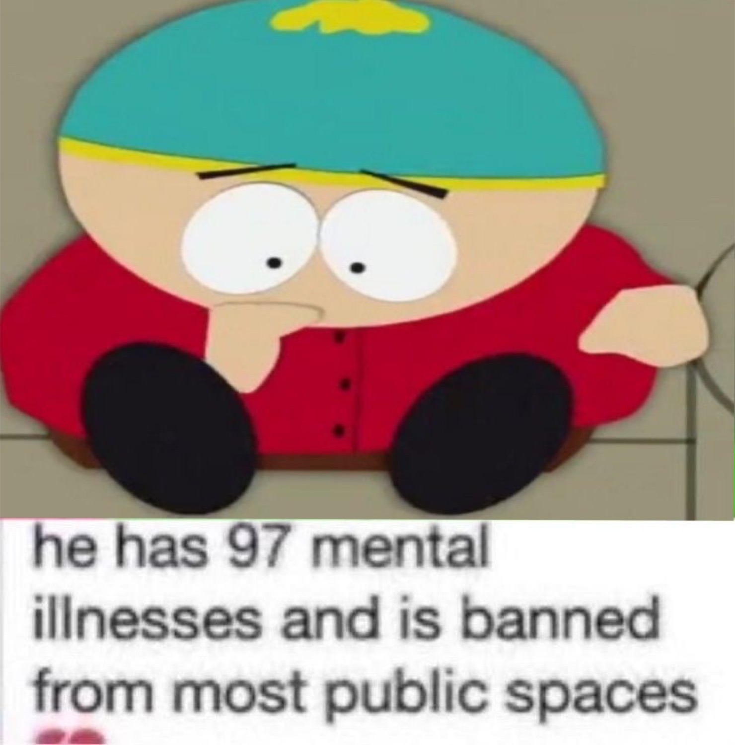 Cartman from South Park staring wide-eyed with 'he has 97 mental illnesses and is banned from most public spaces'