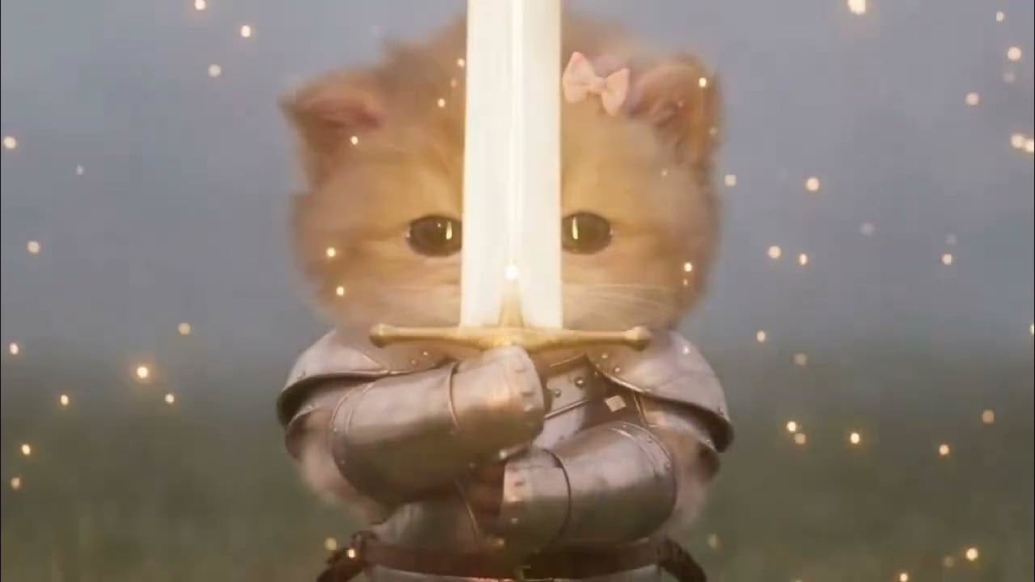 Knight kitten holding a glowing sword in front of its face