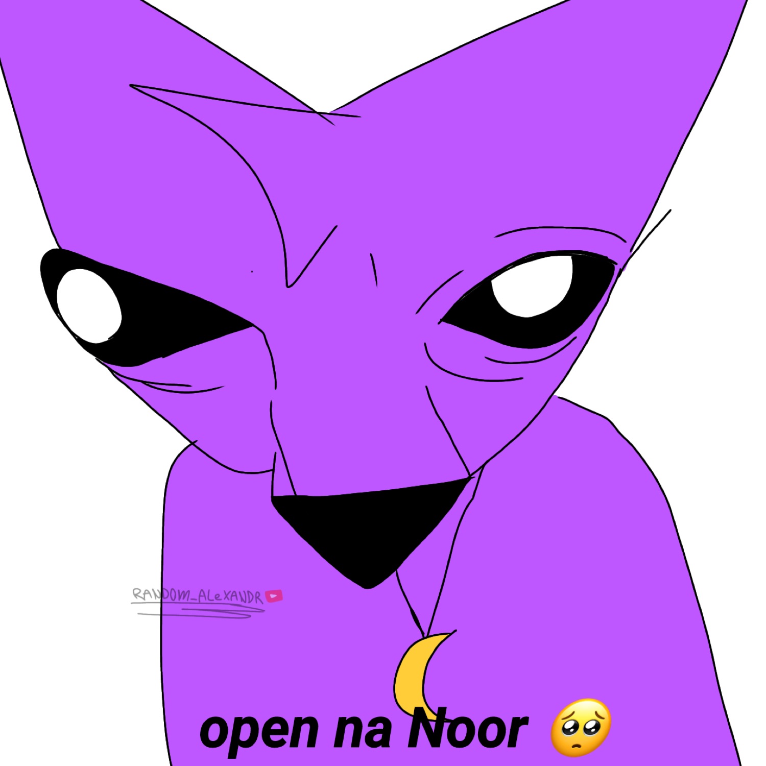 Purple cartoon cat with big slanted eyes under 'open na Noor 🥺'