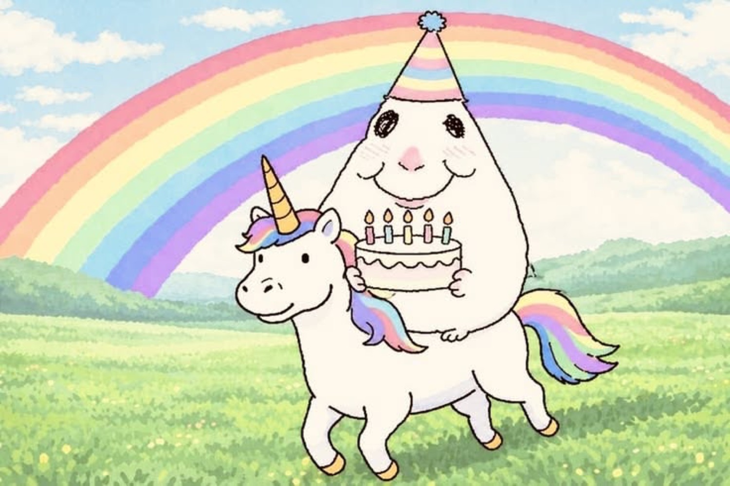 Lumpy white blob in a party hat riding a unicorn with a birthday cake under a rainbow