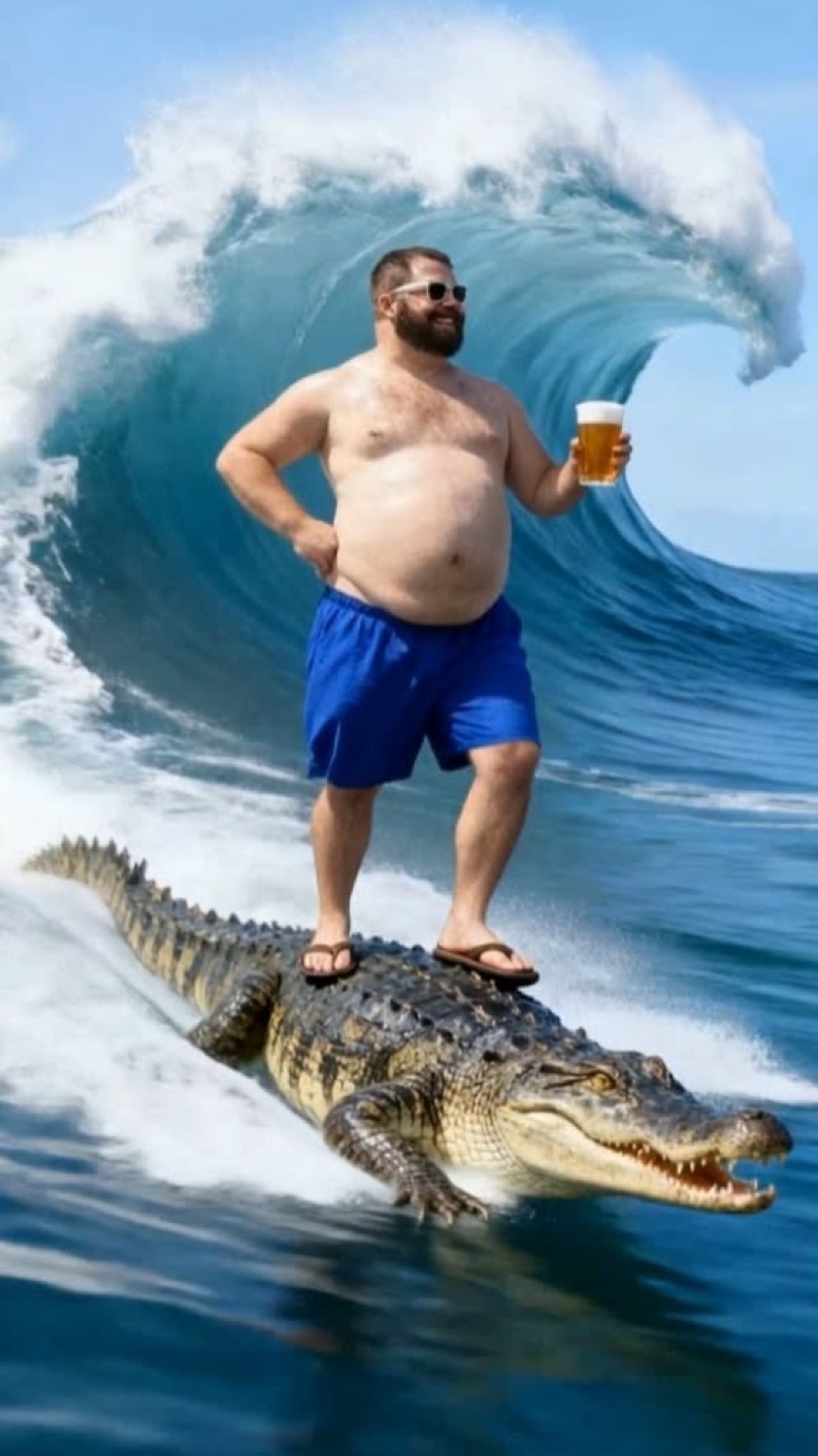 Shirtless man with a beer surfing a giant wave on the back of a crocodile