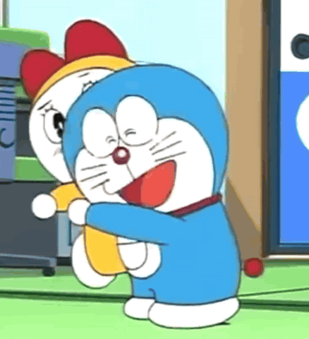 Doraemon and Dorami hugging each other