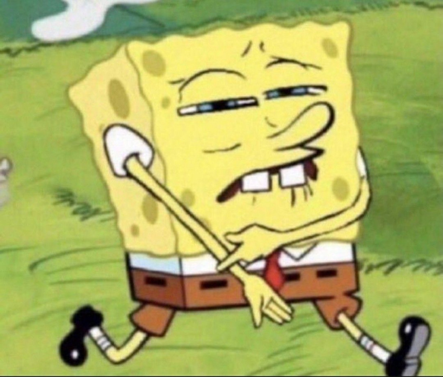 SpongeBob strutting with a smug lip-bite