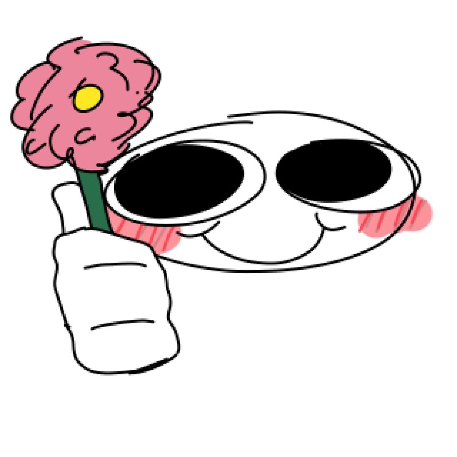 Cute cartoon face holding a pink flower with blushing cheeks and a sly smile
