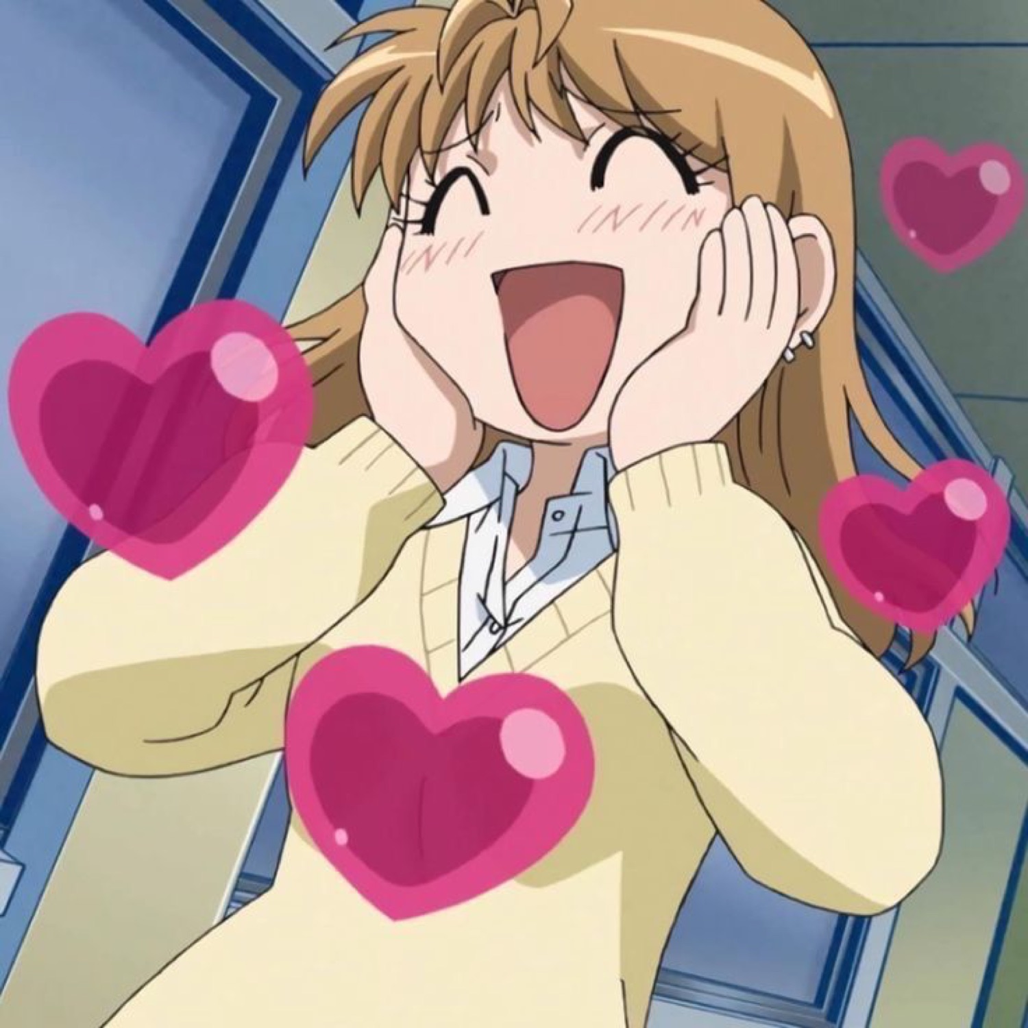 Blushing anime girl cupping her cheeks with a delighted open-mouth smile surrounded by pink hearts