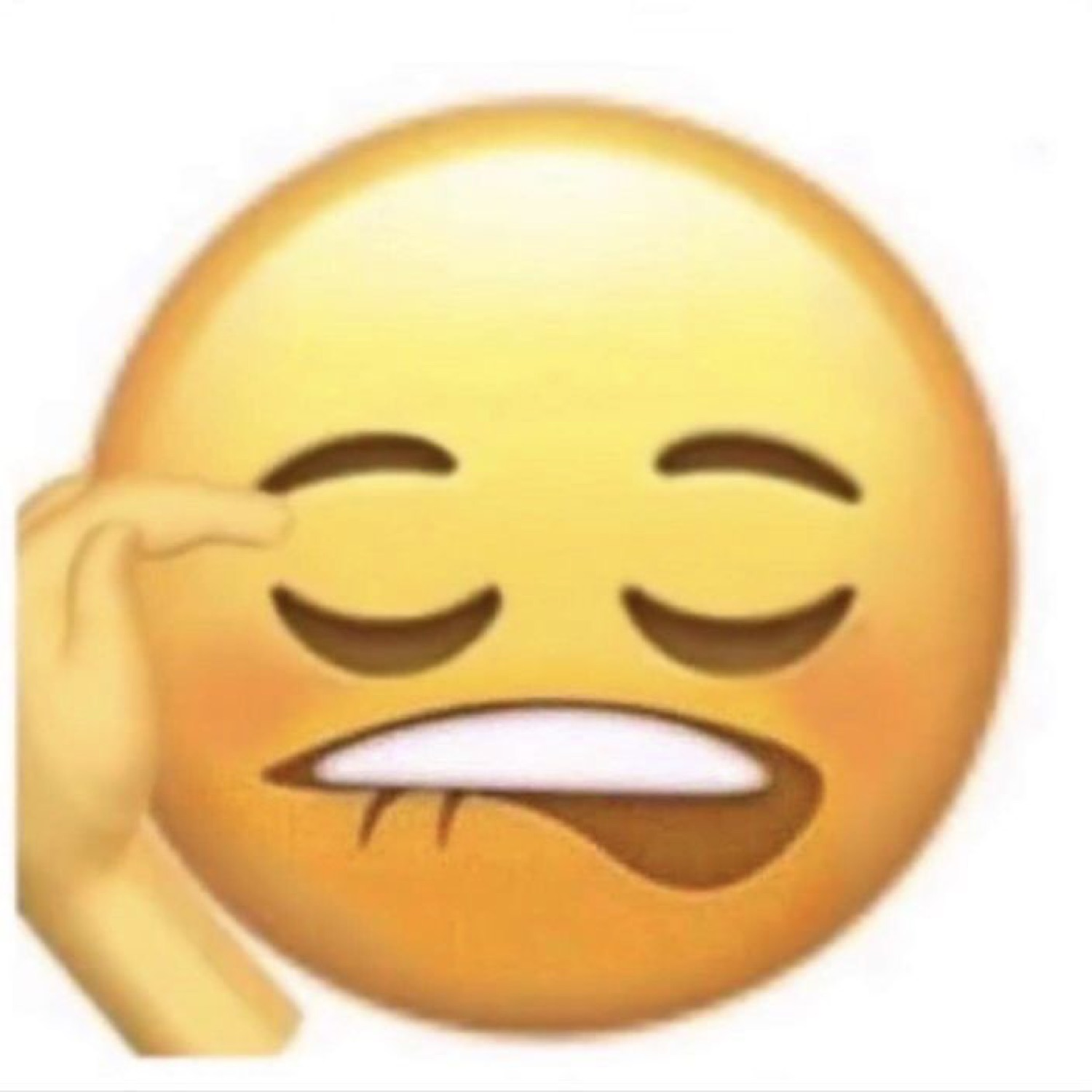 Blushing emoji biting its lip with a hand at its temple, trying to stay composed