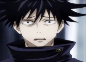 Spiky-haired anime guy with blown-out eyes and mouth open in shock