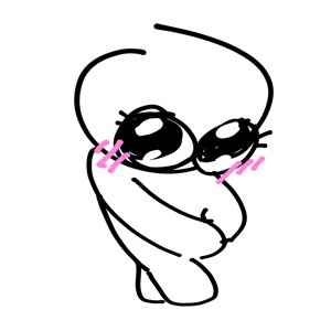 Doodle character with huge sparkling eyes and pink blush, looking bashful and smitten