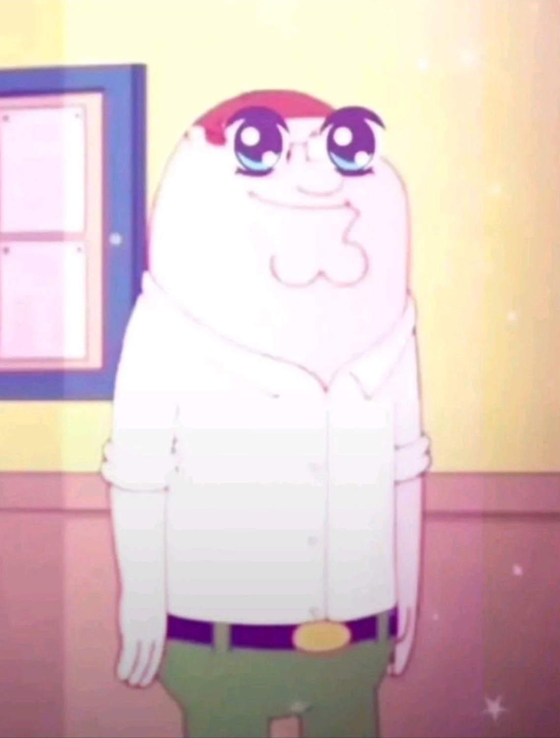 Anime-style Peter Griffin with big sparkly eyes and a shy, bashful smile