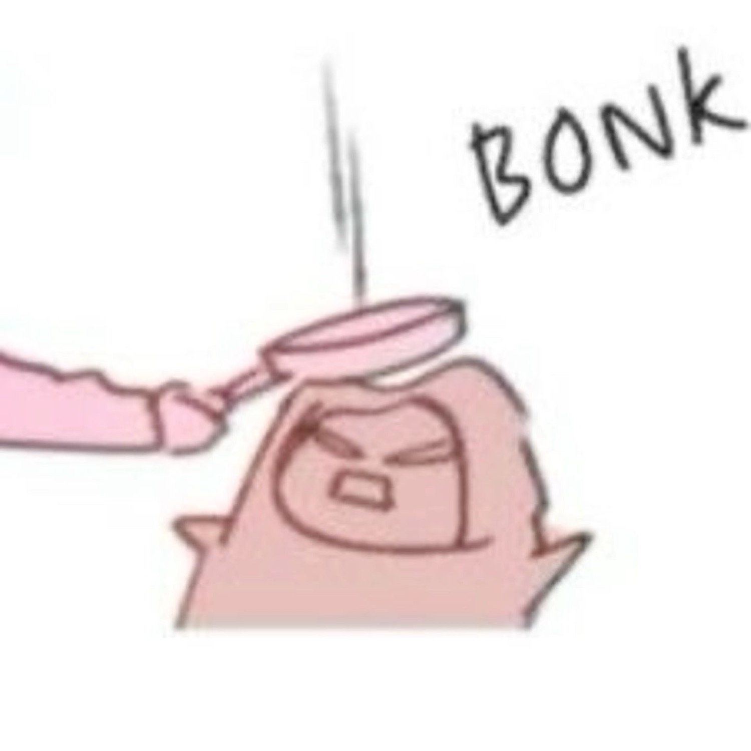 Pink cartoon getting bonked with a falling hammer: 'BONK'