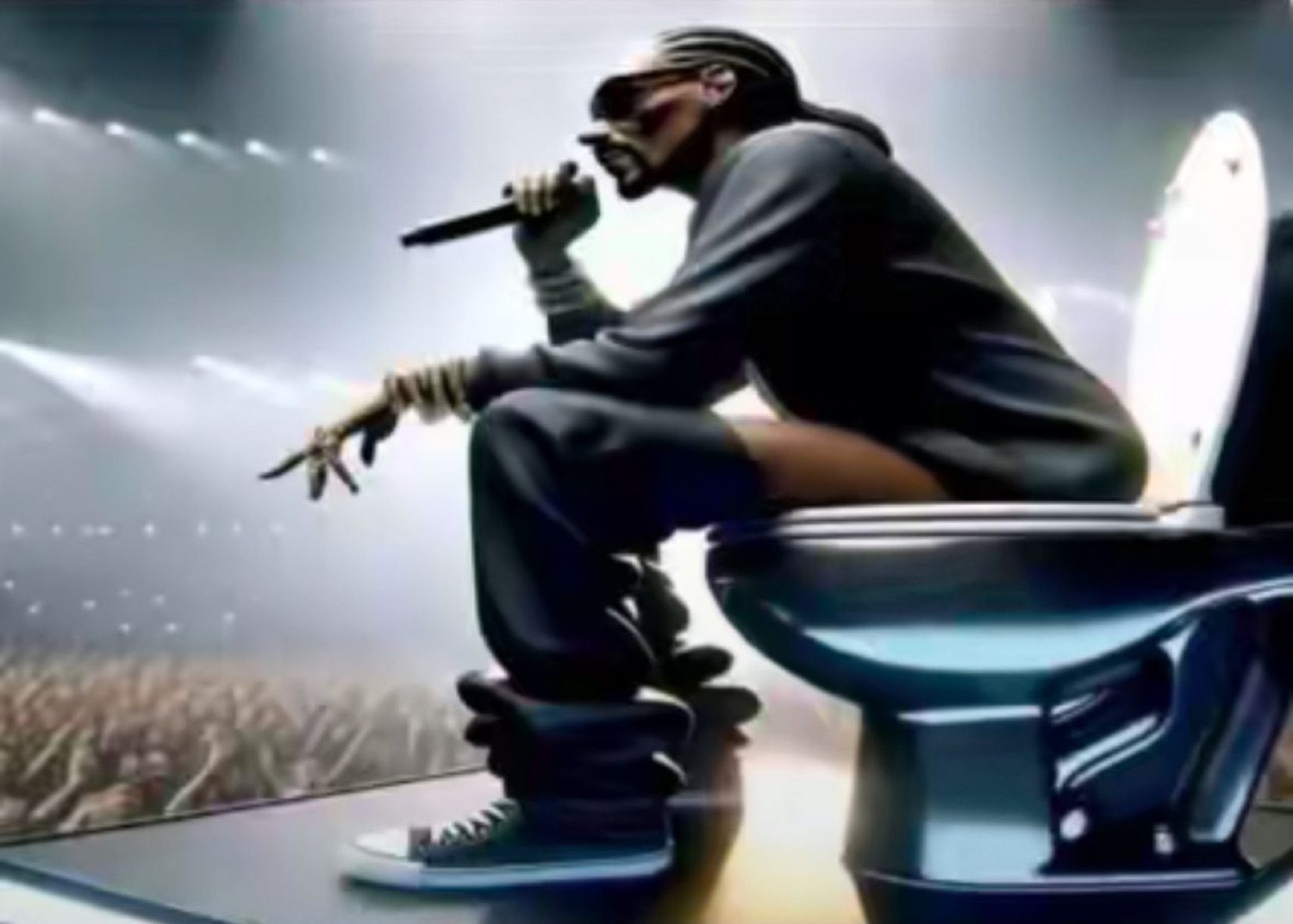 Snoop Dogg performing on a toilet on a concert stage