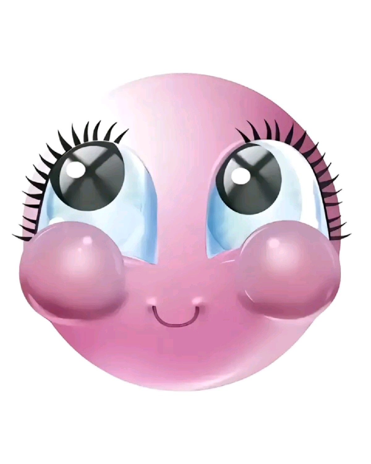 Pink emoji with huge lashes and puffed blushing cheeks, hiding a shy smile