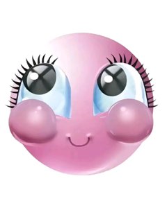 Pink emoji with huge lashes and puffed blushing cheeks, hiding a shy smile