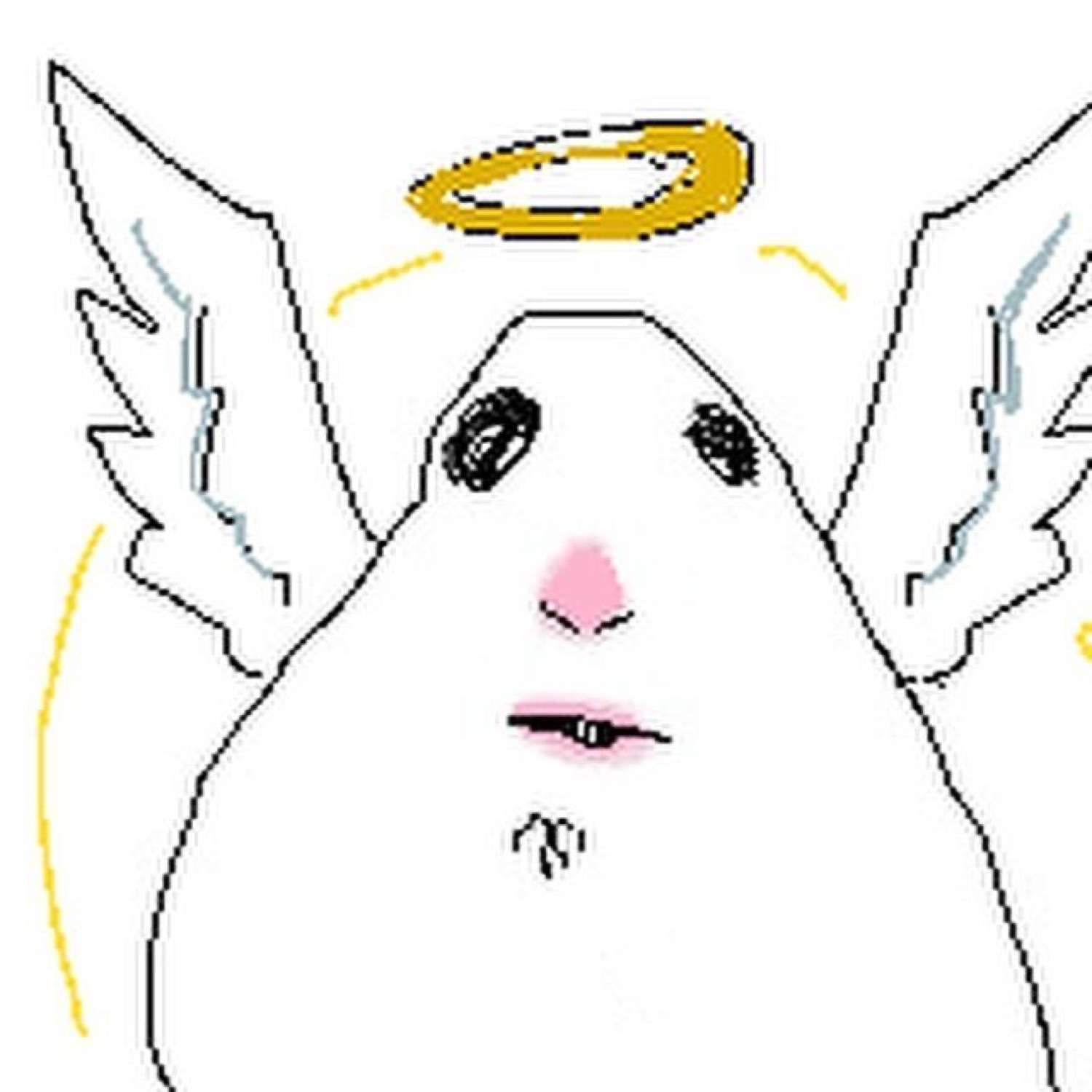 Doodled white blob wearing a halo and angel wings, looking suspiciously innocent