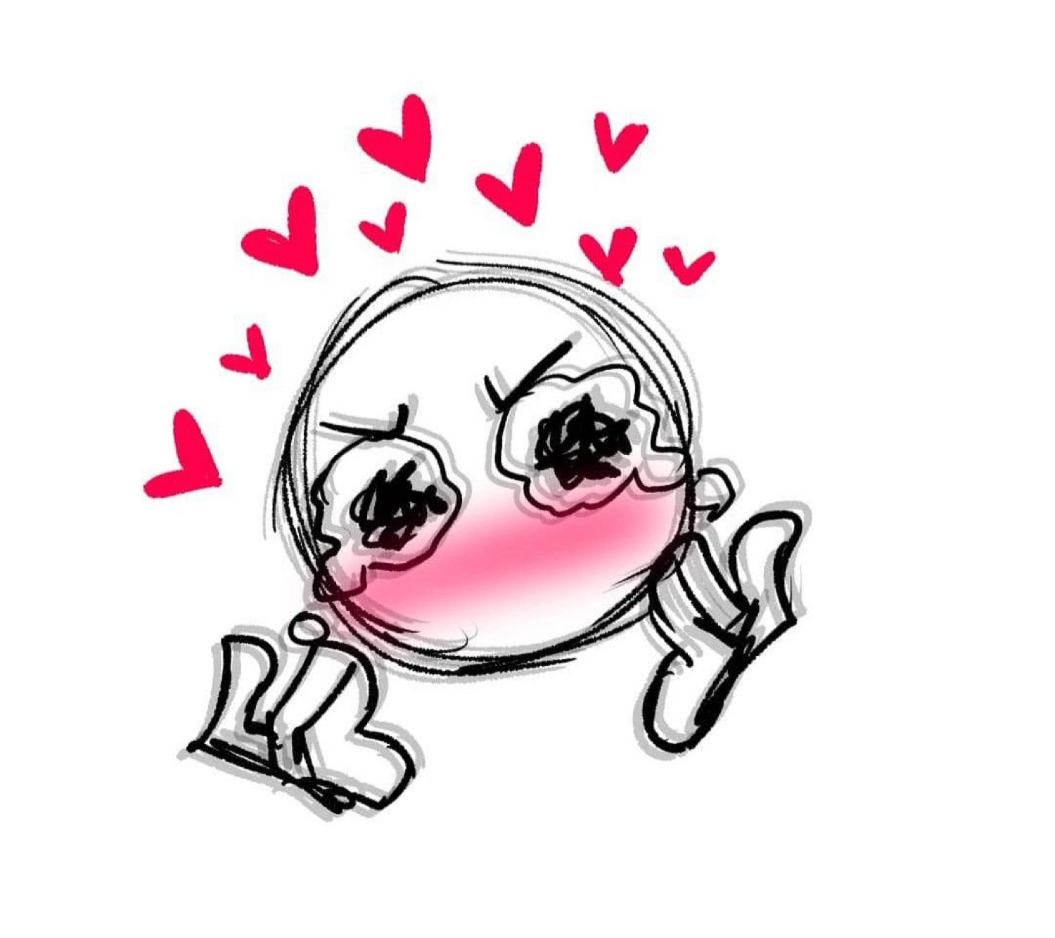 Sketchy cartoon face surrounded by hearts, blushing intensely with love-struck eyes