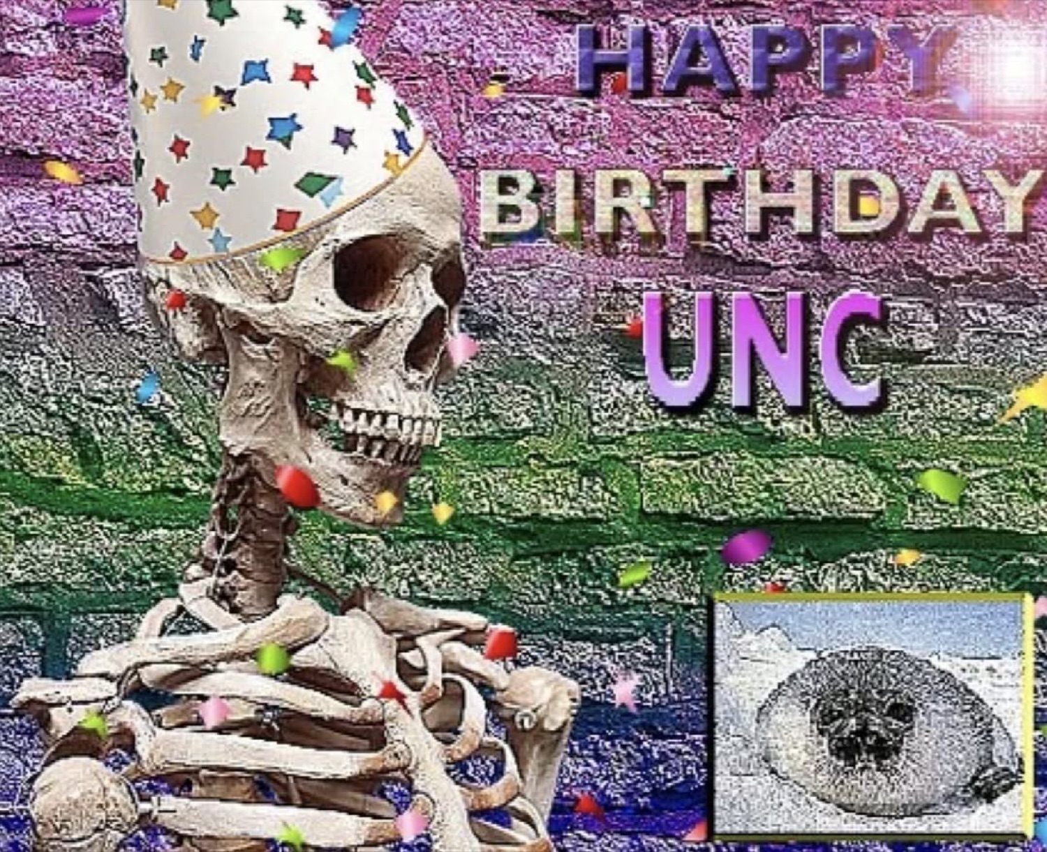 Skeleton in a starry party hat with a seal inset: 'HAPPY BIRTHDAY UNC'