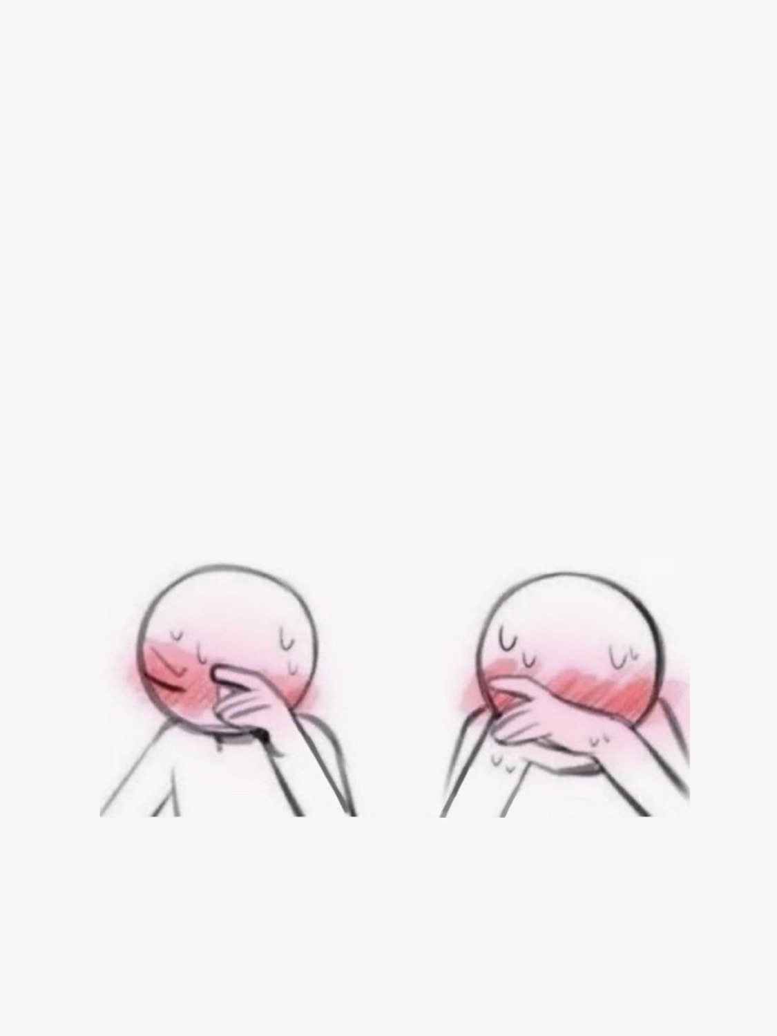 Two round cartoon characters covering their blushing faces with their hands