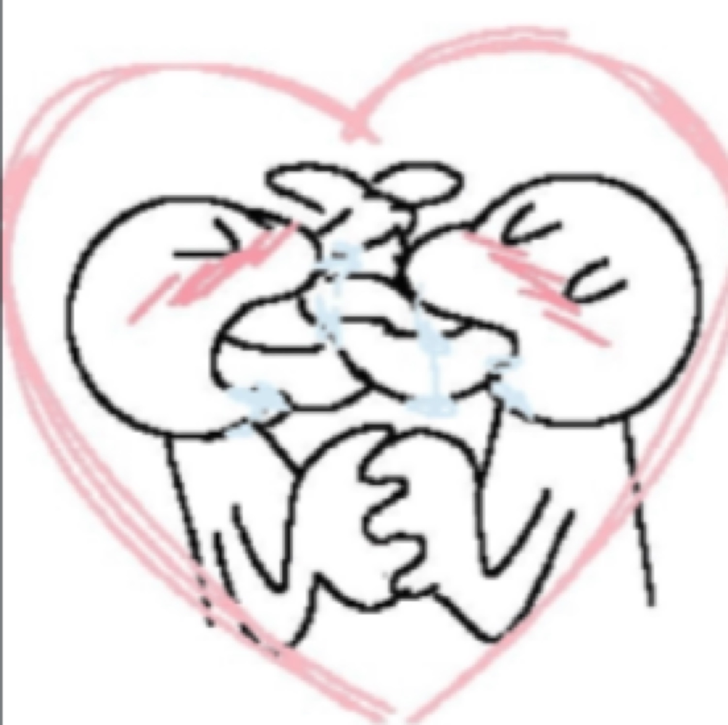 Doodle couple hugging and sobbing together inside a pink heart