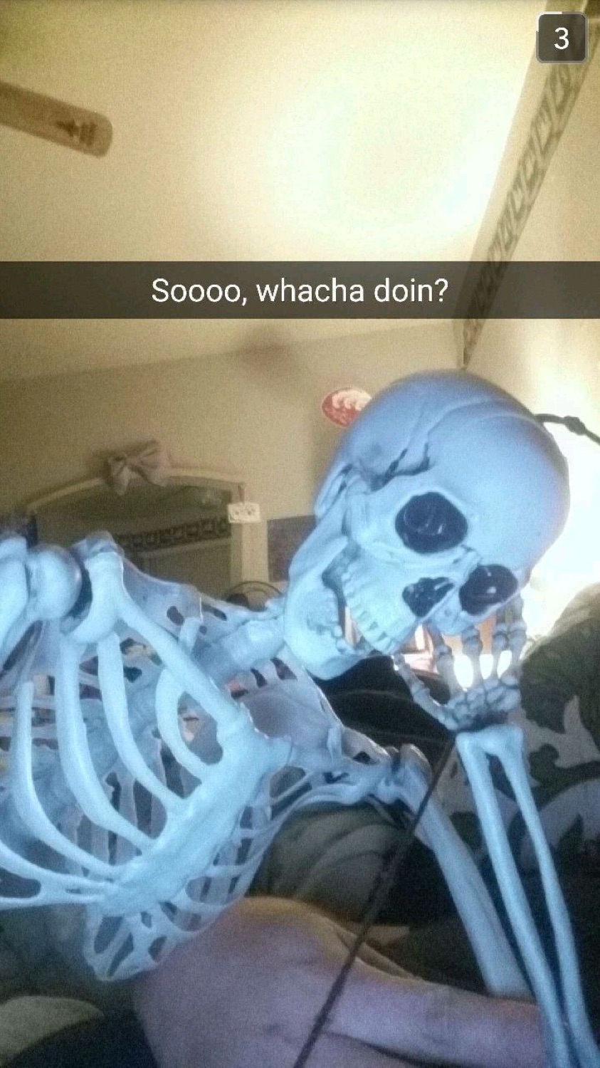 Skeleton decoration in a car on a Snapchat with 'Soooo, whacha doin?'