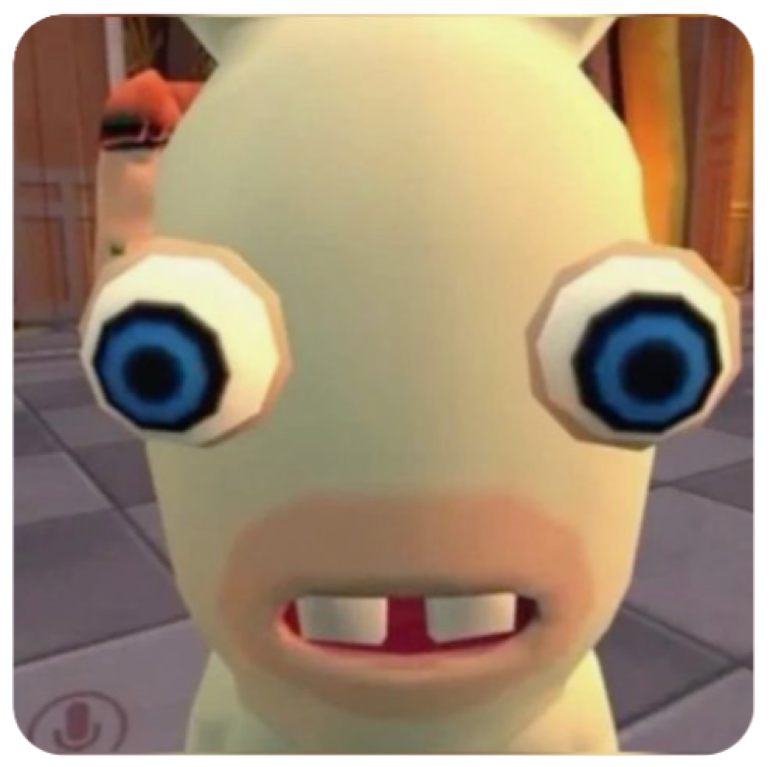 Rabbid with huge blue eyes and buck teeth staring blankly