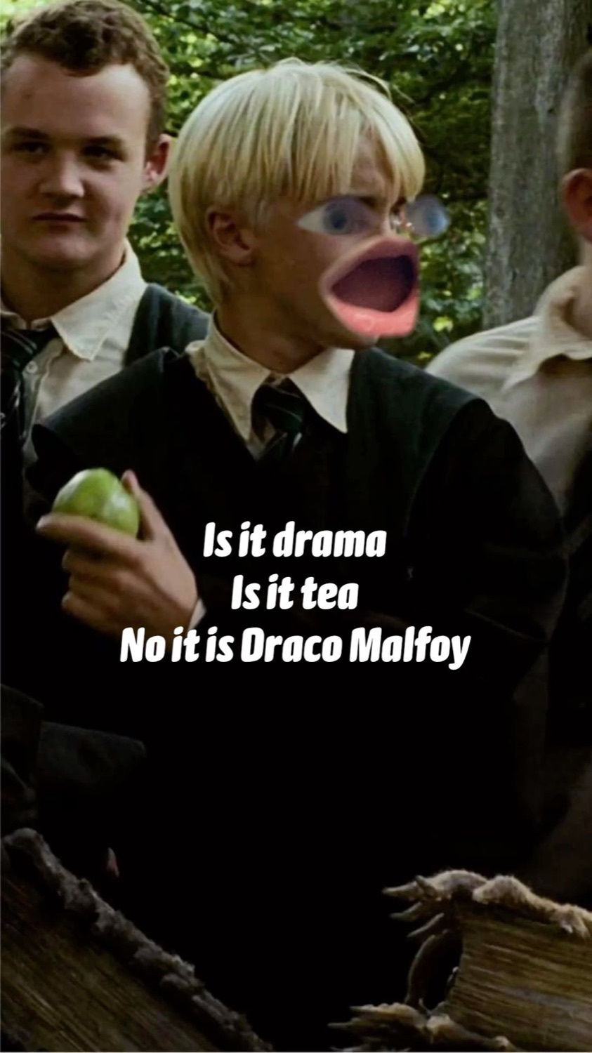Draco Malfoy edited with big duck lips under 'Is it drama Is it tea No it is Draco Malfoy'