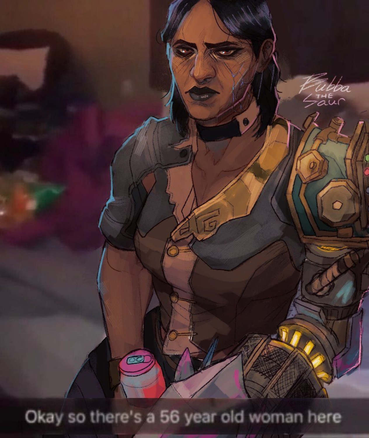 Fan art of a scowling armored woman with the 'Okay so there's a 56 year old woman here' Snapchat caption
