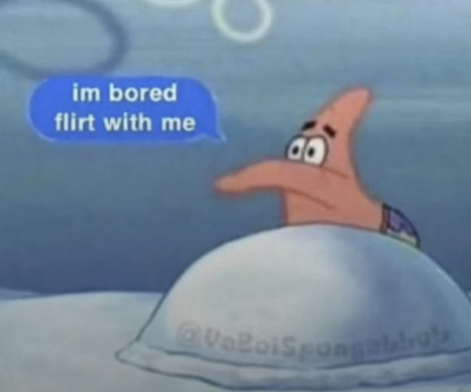 Patrick Star peeking out from under his rock with a text bubble: 'im bored flirt with me'