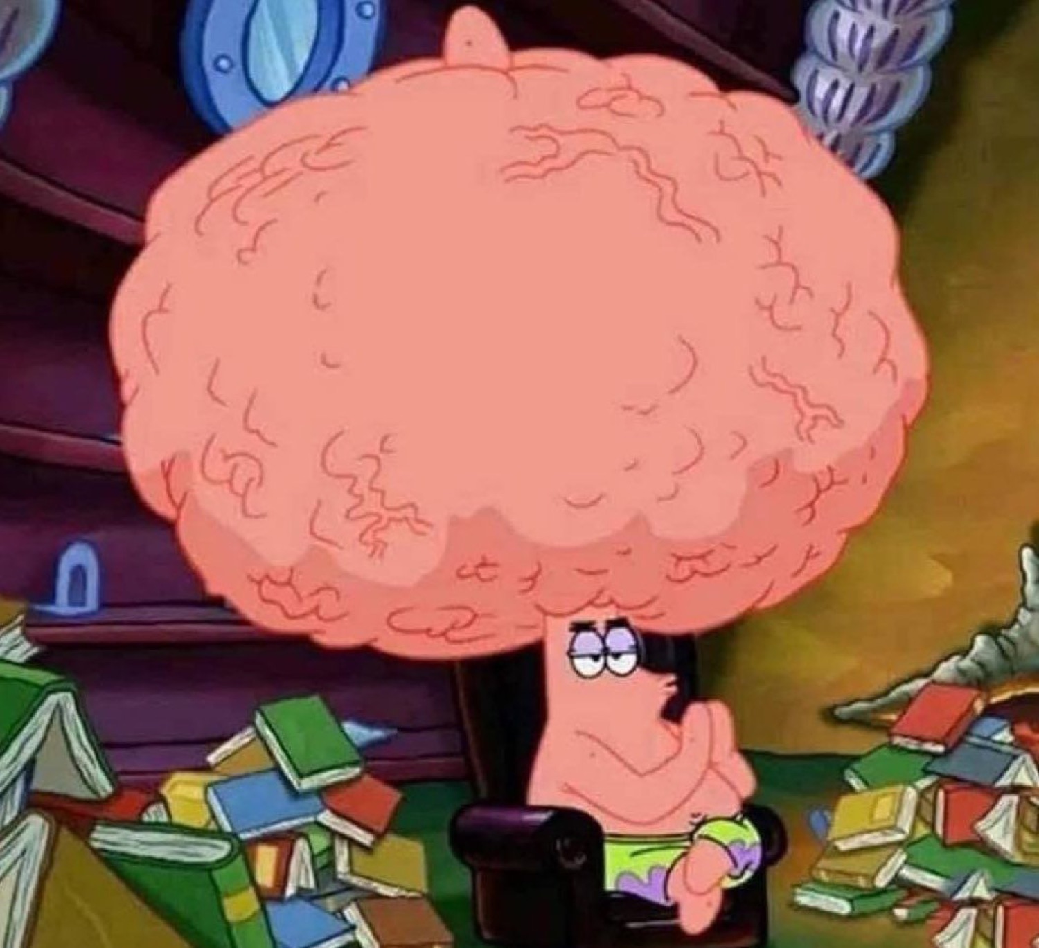 Patrick Star with a gigantic brain surrounded by books