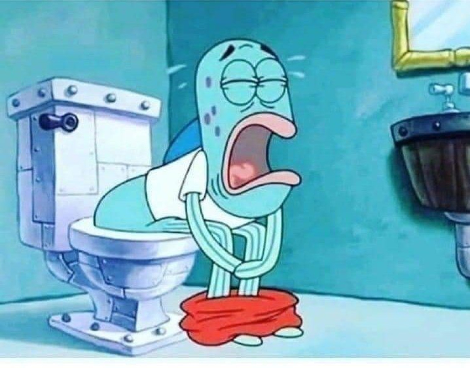 Squidward on the toilet screaming in agony