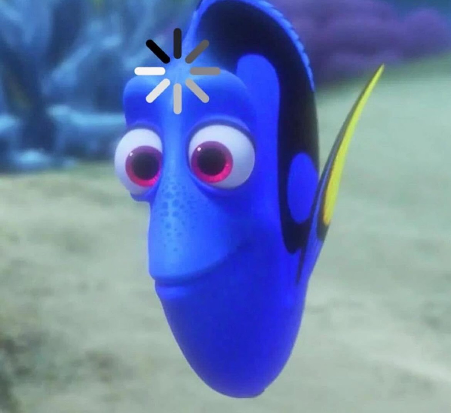 Dory the blue fish wide-eyed with a lightbulb spark drawn over her head