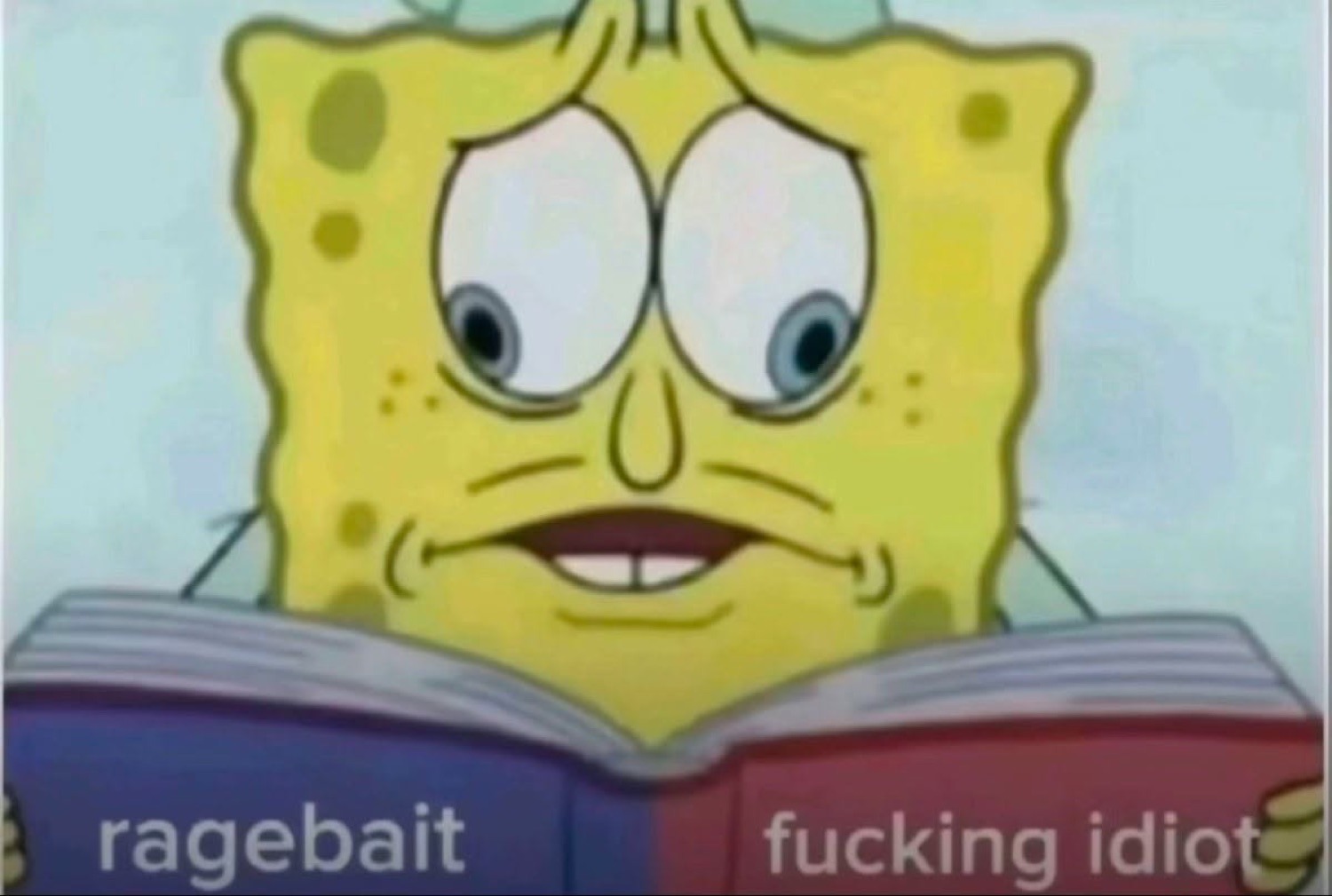 SpongeBob reading an open book labeled 'ragebait' and 'fucking idiot' with a flat unimpressed face