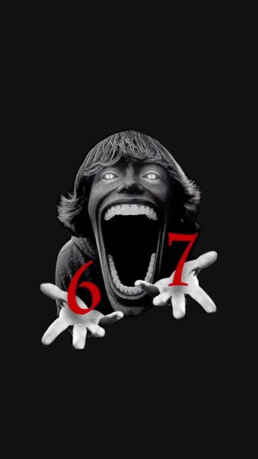 Grayscale screaming face with a huge black mouth and red '6' '7' on its hands