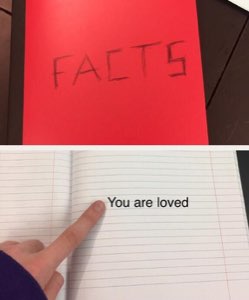 Red 'FACTS' sign above a finger pointing at 'You are loved' written in a notebook
