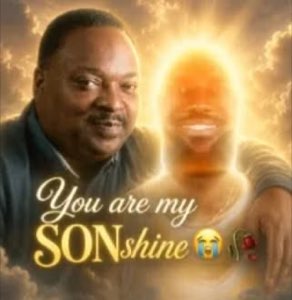 Man beside a glowing heavenly figure, captioned 'You are my SONshine' with a sobbing emoji