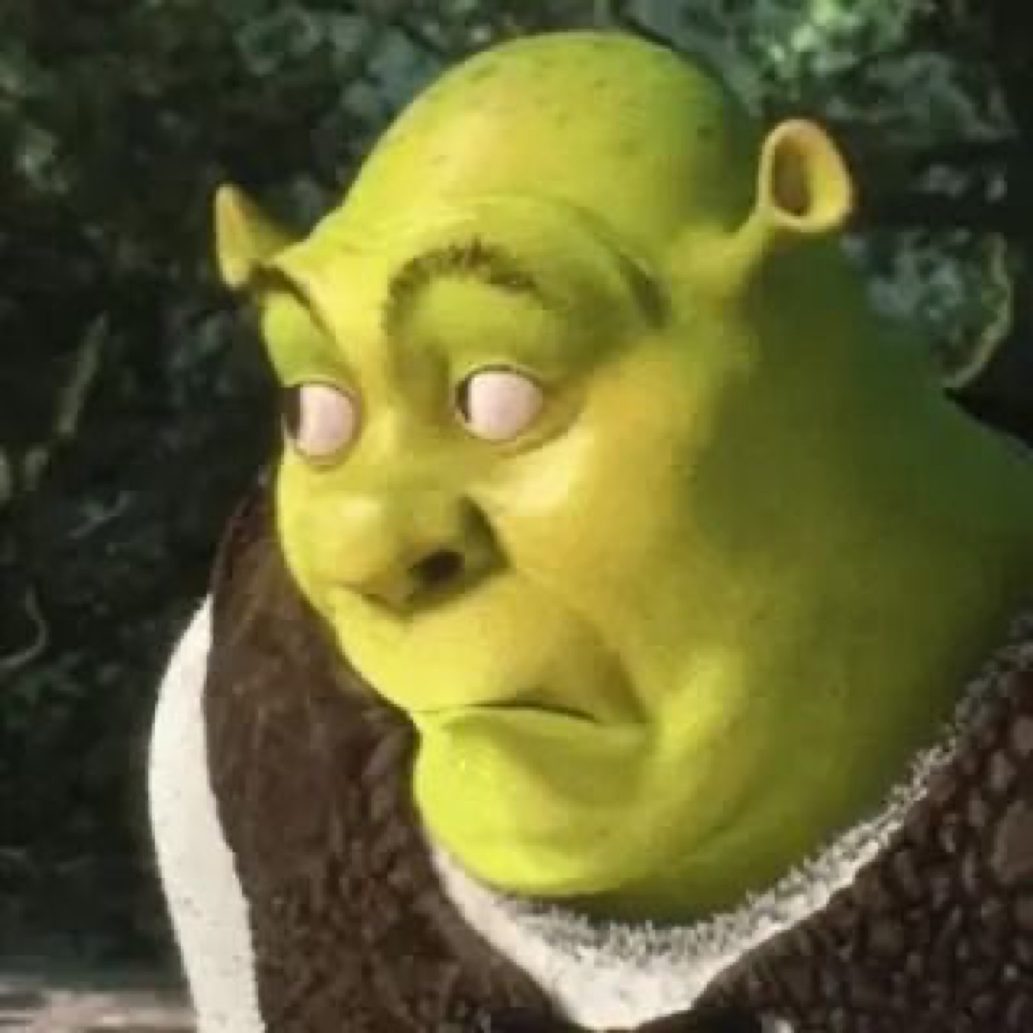 Shrek staring with unsettling white blank eyes and a slightly worried grimace